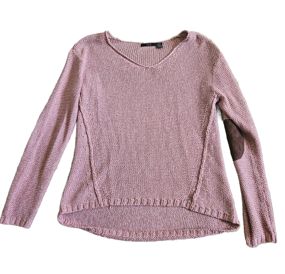 RD Dusty Rose V-Neck Knit Sweater with Faux Suede Elbow Patches